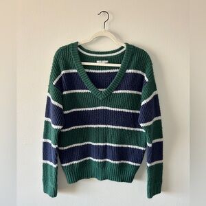 American Eagle Striped V-Neck Sweater - Green and Blue